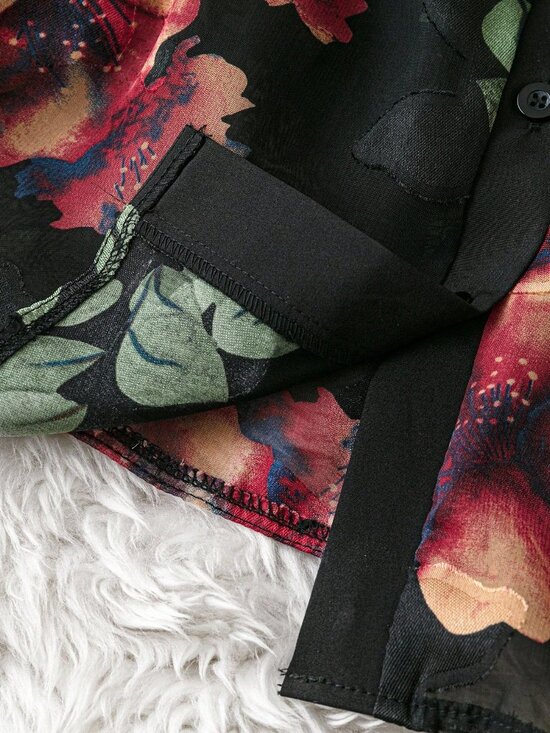 Black Casual Women's Chiffon Cutout Lapel Long Sleeve Blouse - Picture 7 of 7